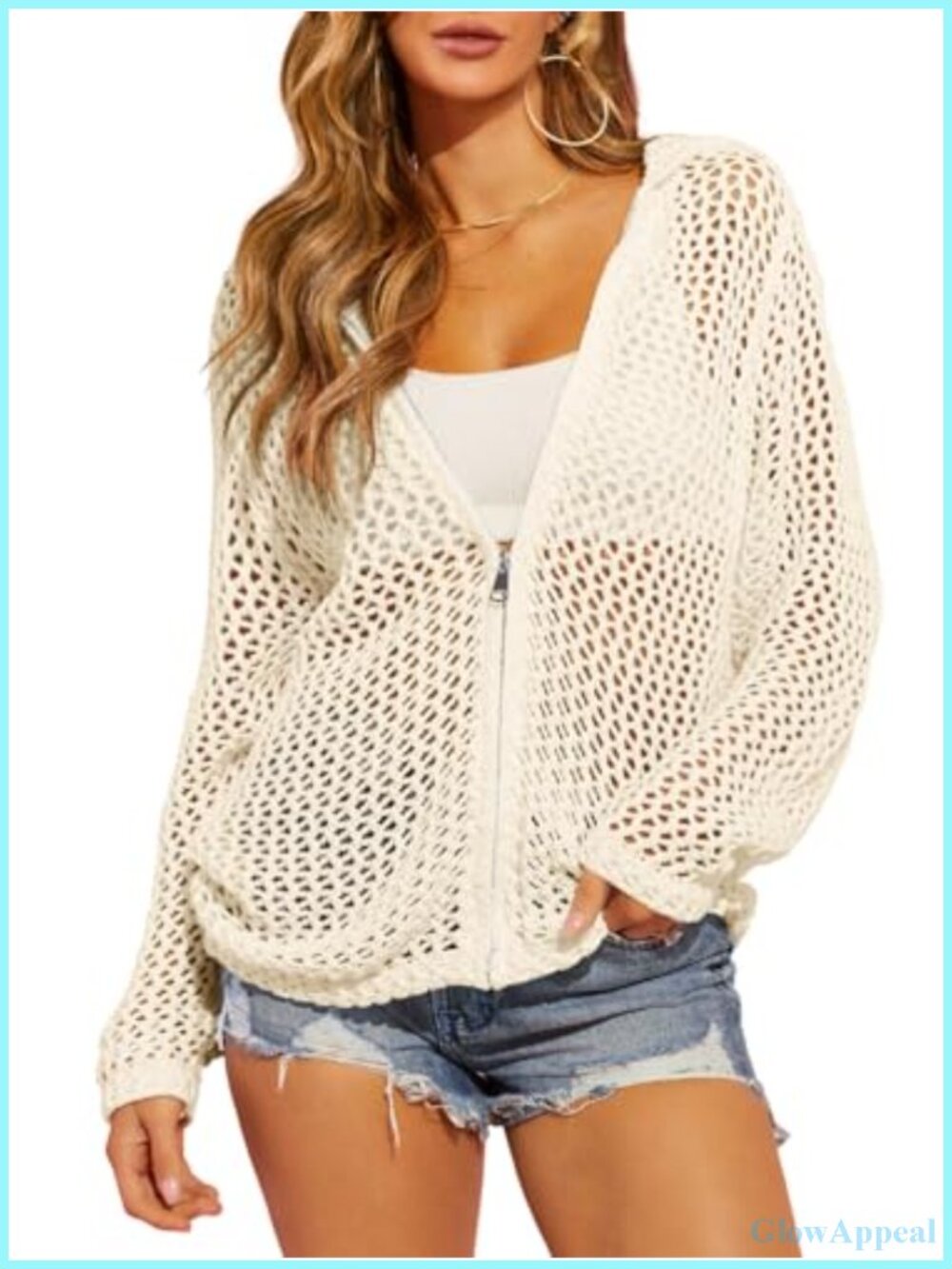 Women's Crochet Lightweight Cardigan Sweater Zip Up Hooded Mesh Boho Cover Up